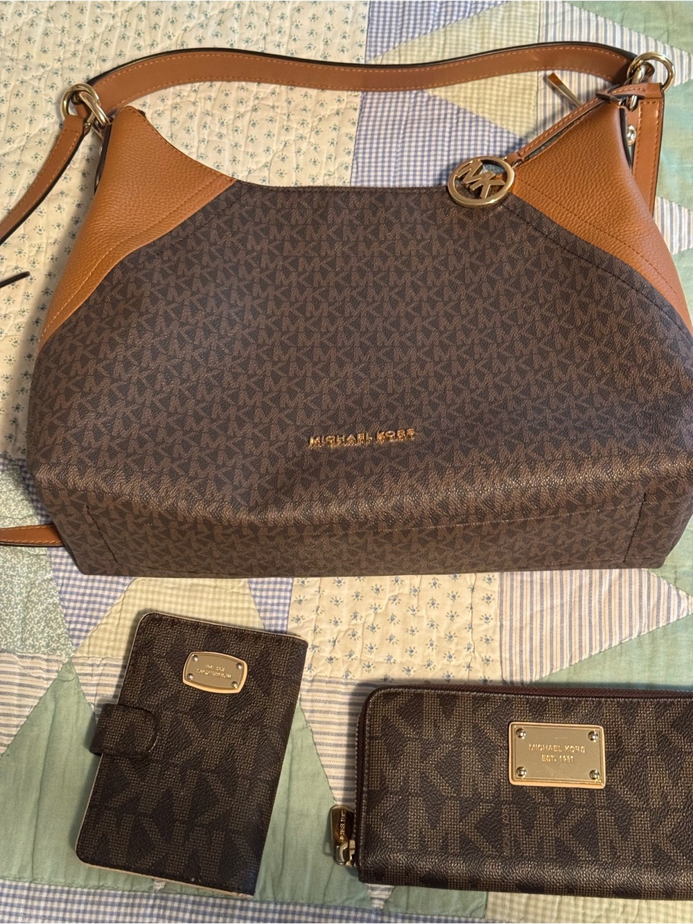 Michael Kors Brown Logo Shoulder Bag with Tan Leather Trim and Matching Wallets